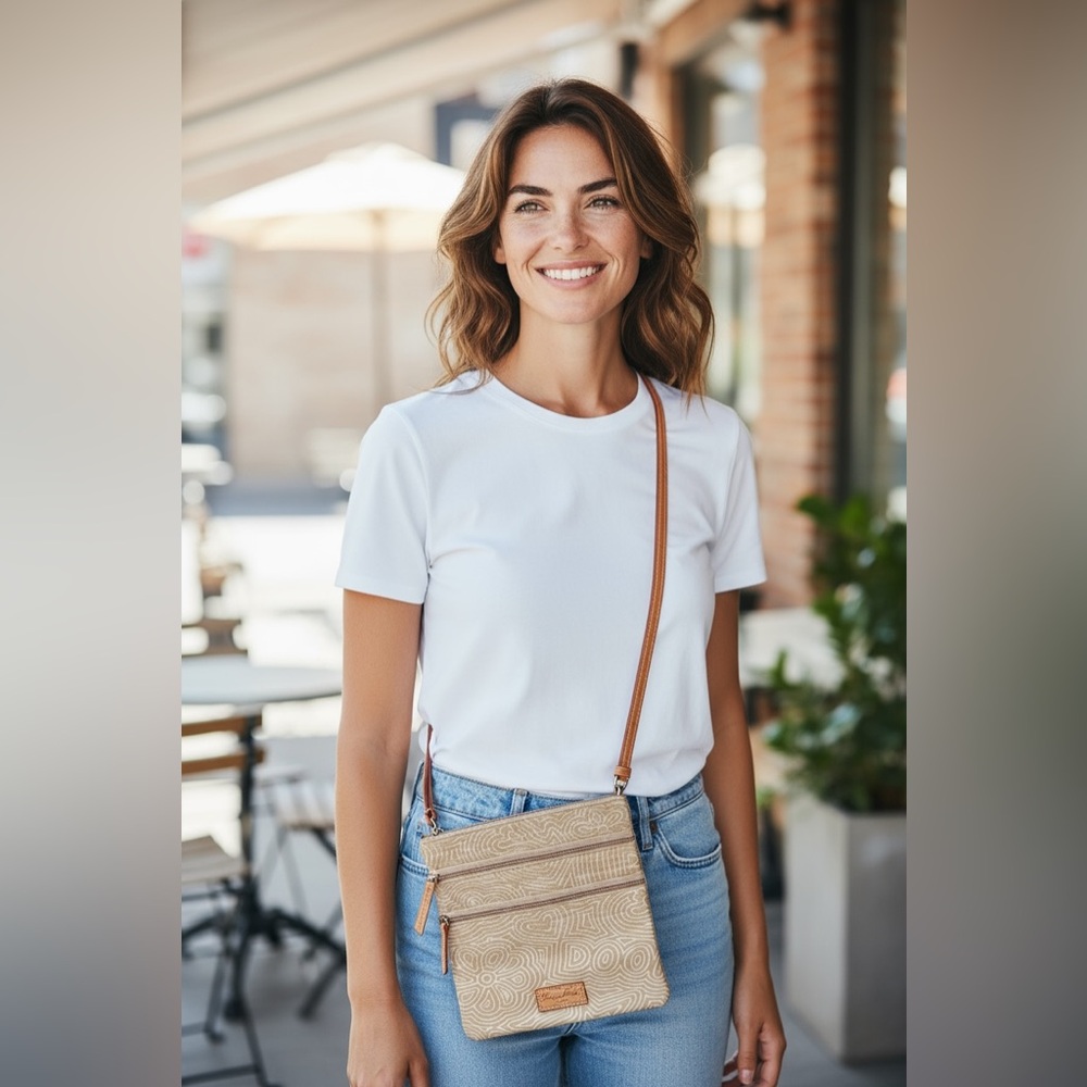 Dooney & Bourke North South Graffiti Logo Beige & White Triple Compartment Bag